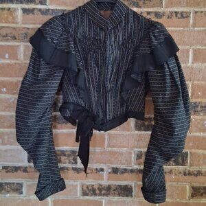 Antique Eduardian Printed Black High Neck Mutton Chop Sleeve Top